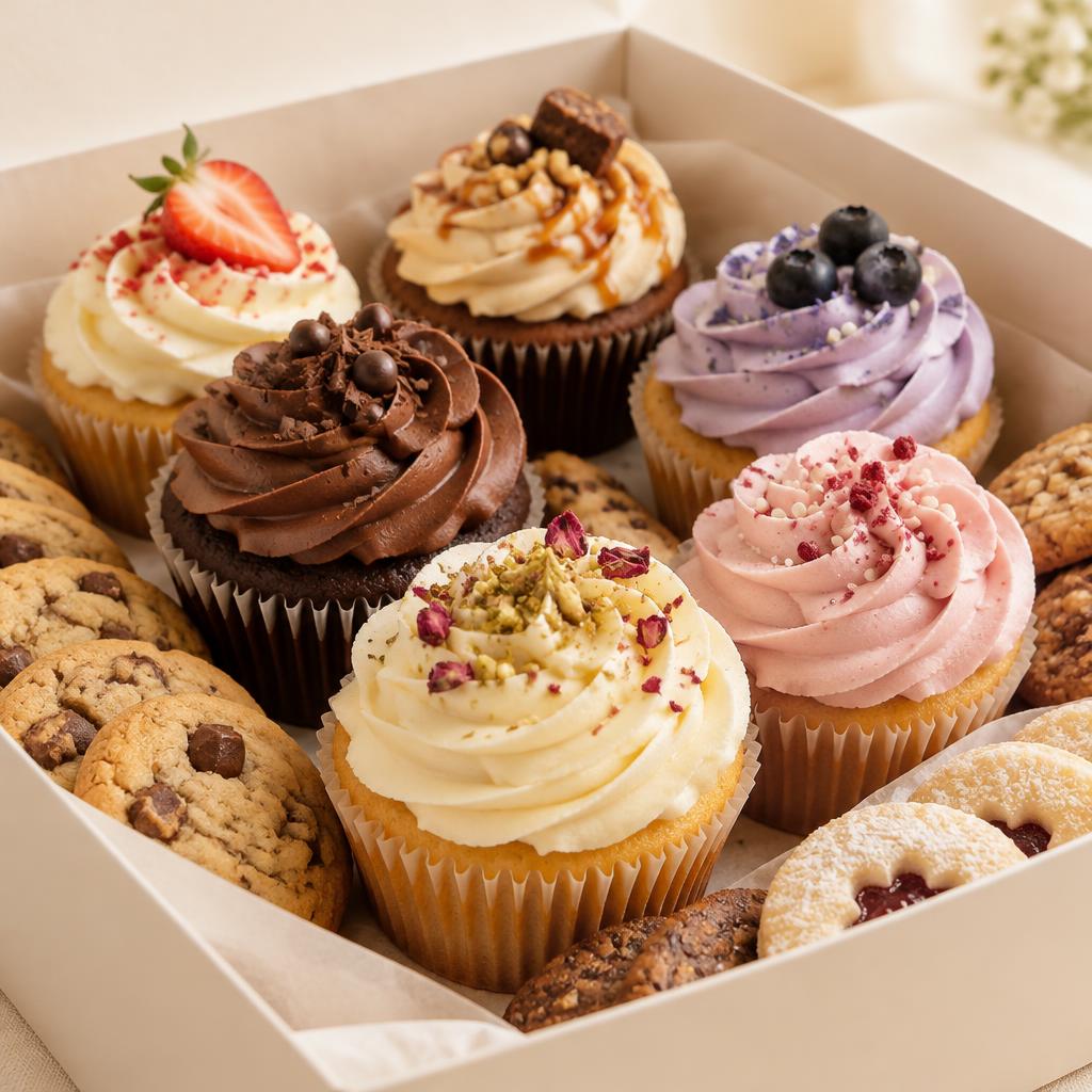 Box of decorated cupcakes and cookies