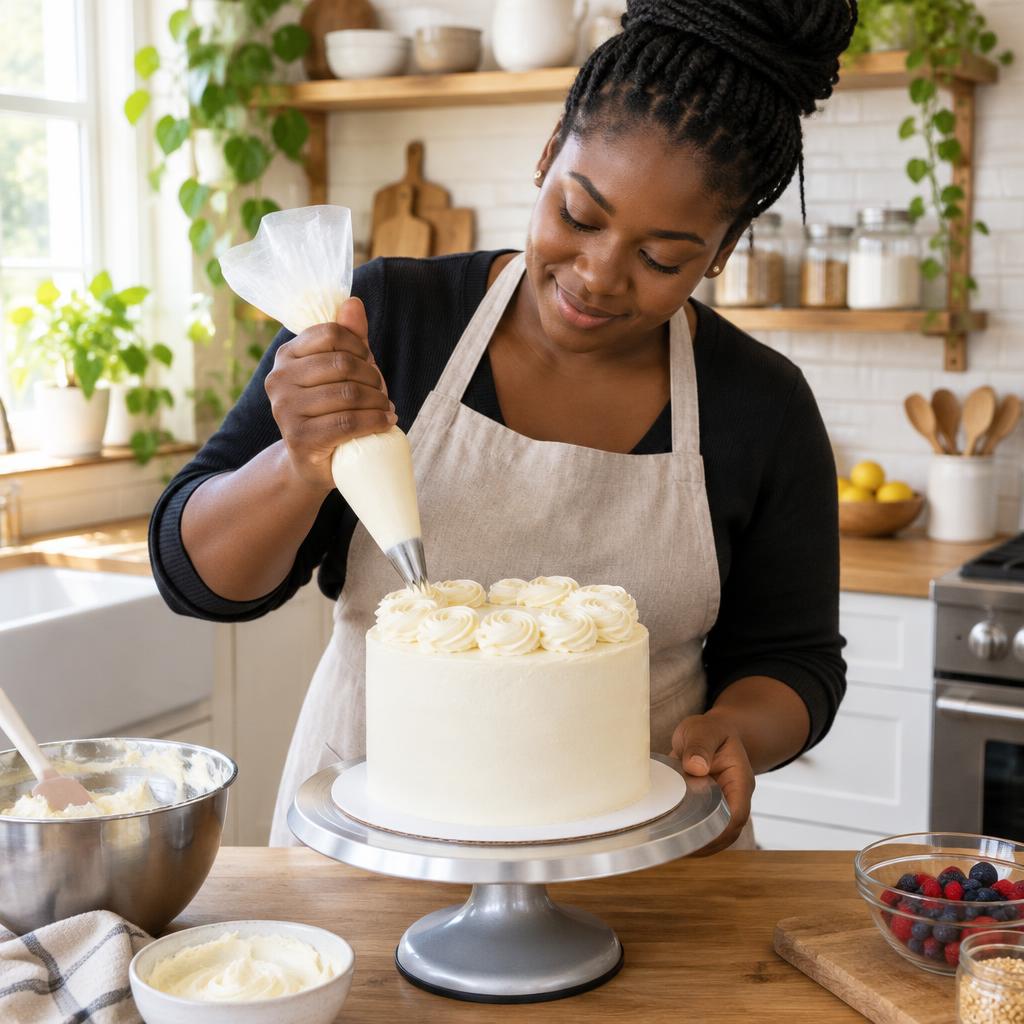 Baker piping buttercream onto a cake